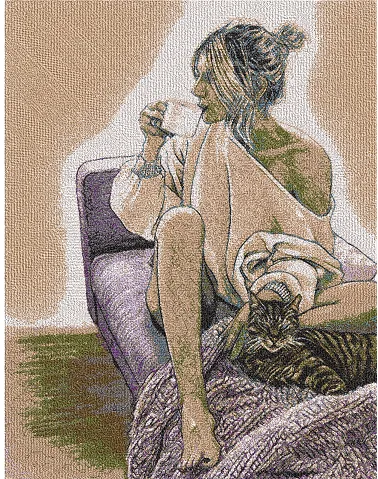 Alternative view of  Woman Relaxing with Coffee and Cat 