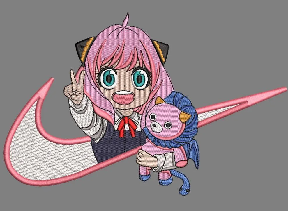  Anya Forger Holding Chimera Plush with Pink Nike Logo  embroidery pattern preview