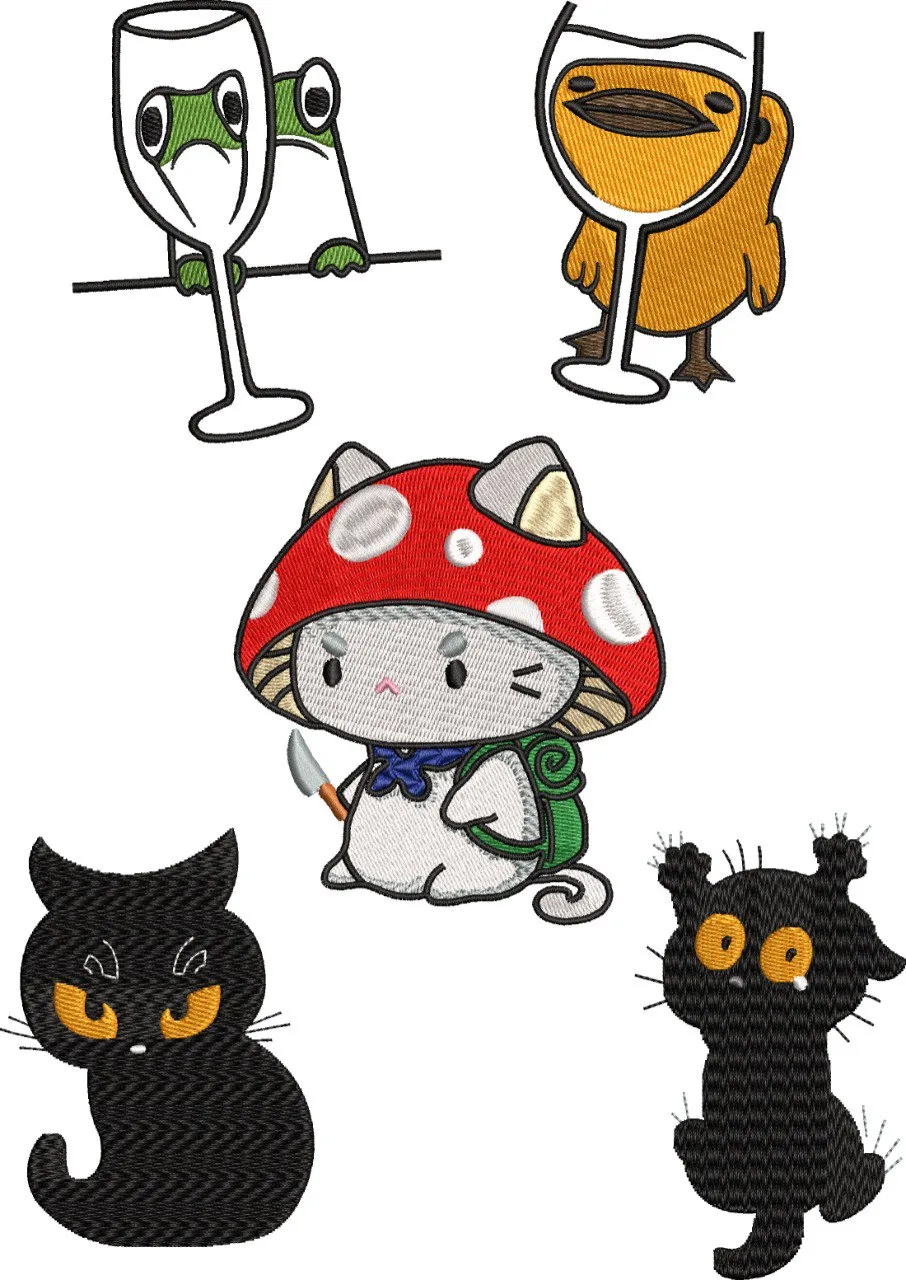  Cute Forest Creatures with Wine Glasses and Black Cats  embroidery pattern preview