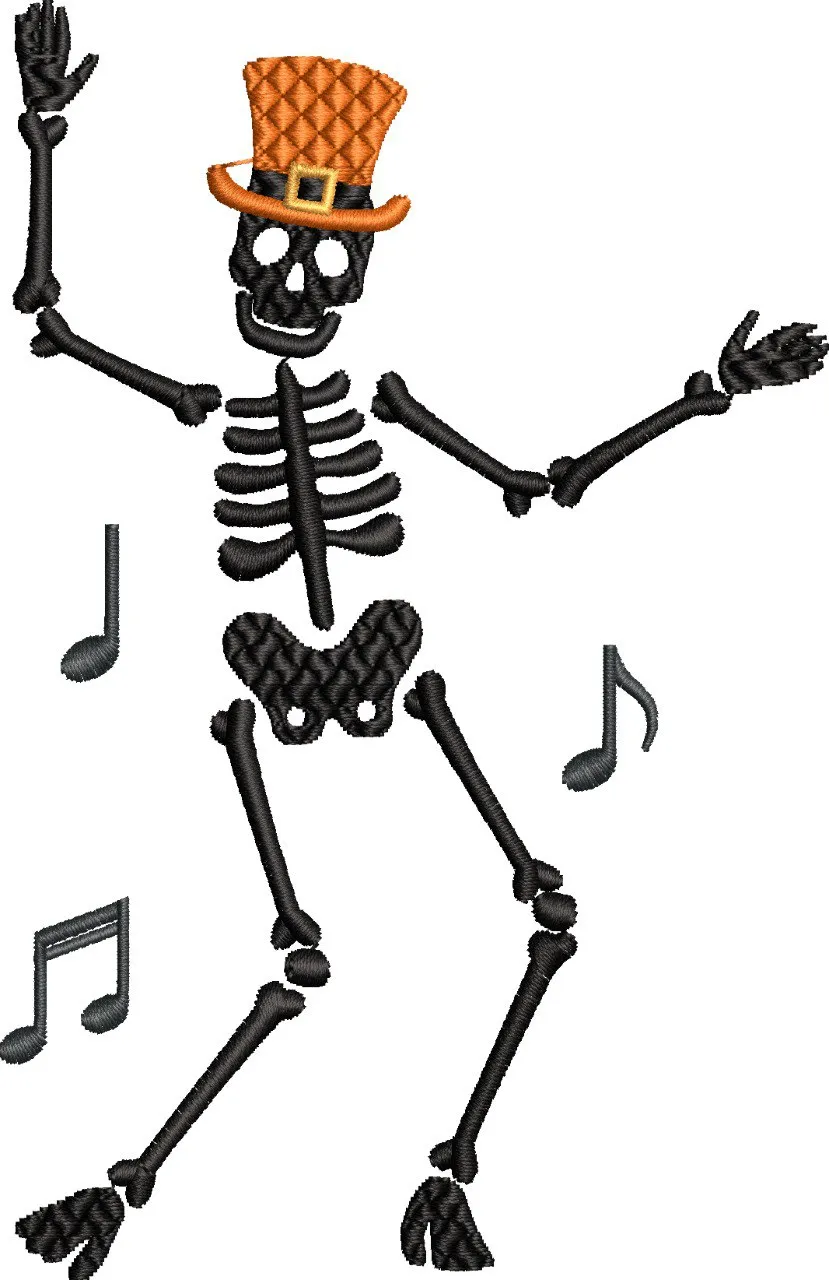  Dancing Skeleton with Orange Top Hat and Music Notes  embroidery pattern preview