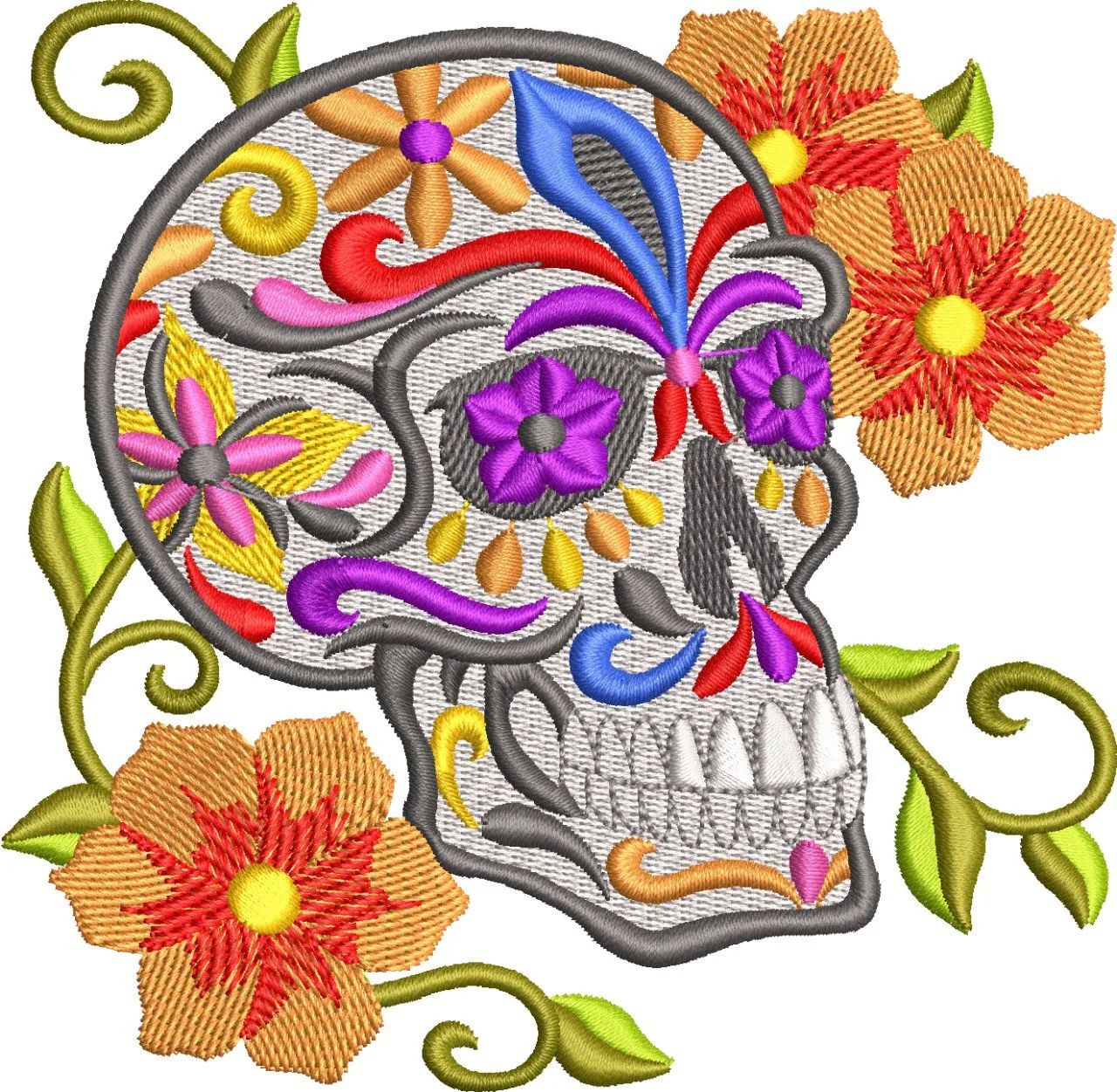  Embroidered Sugar Skull with Colorful Flowers  embroidery pattern preview