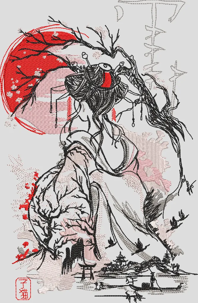  Geisha with Red Sun and Sakura Branches  embroidery pattern preview