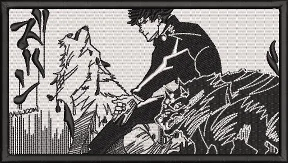  Manga Style Boy with Wolves and Dramatic Lettering  embroidery pattern preview