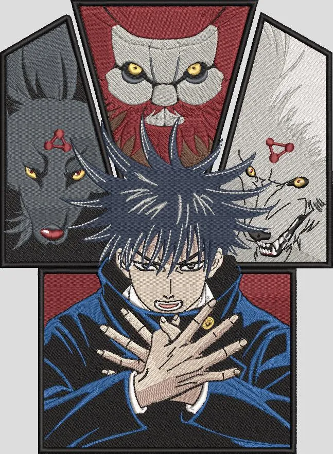  Megumi Fushiguro with Divine Dogs and Nue  embroidery pattern preview
