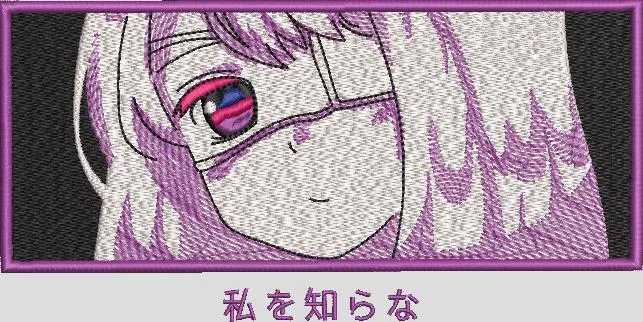  Mysterious Anime Girl with Purple Accents and Japanese Text  embroidery pattern preview