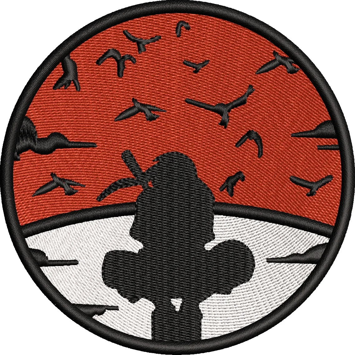  Ninja Silhouette with Birds on Red and White Circle  embroidery pattern preview