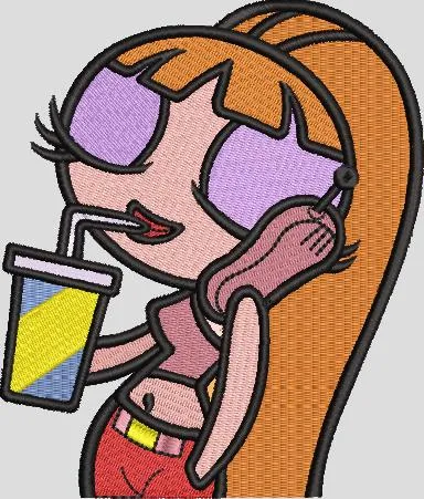  Powerpuff Girl Blossom Talking on Phone with Drink  embroidery pattern preview