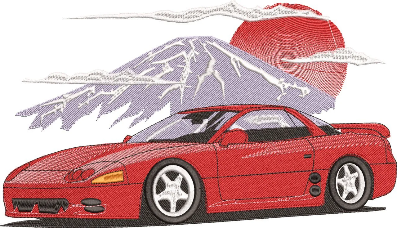  Red Sports Car with Mount Fuji and Sunrise  embroidery pattern preview