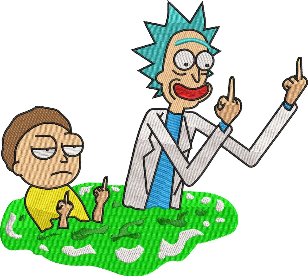  Rick and Morty in Green Portal with Middle Fingers  embroidery pattern preview