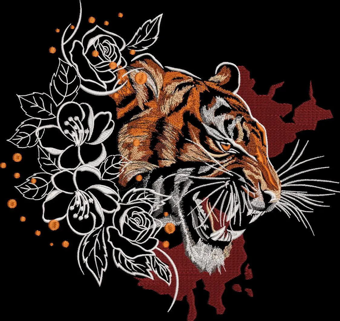  Roaring Tiger with Floral Embroidery  embroidery pattern preview