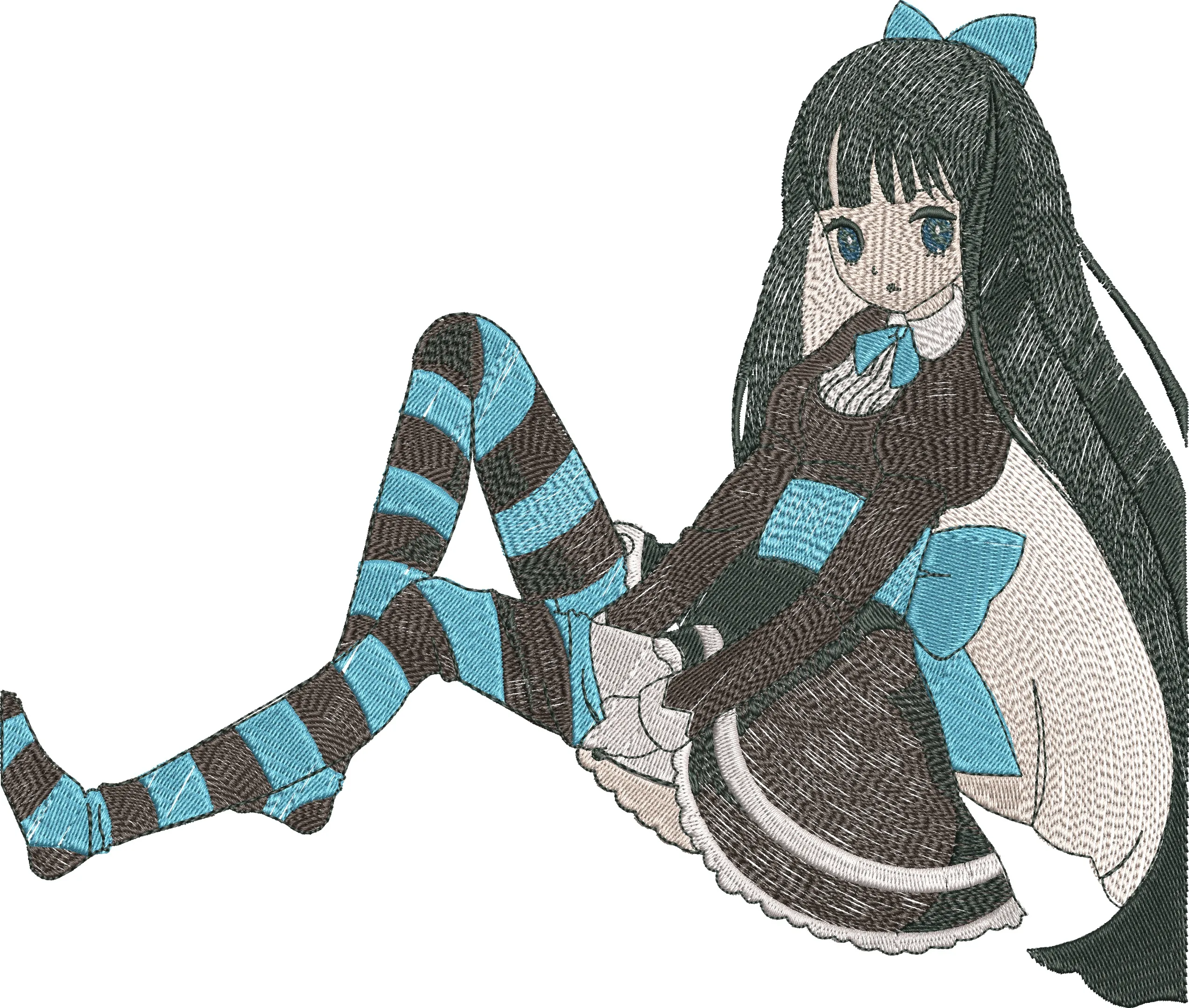  Sitting Girl with Blue Bow Striped Stockings  embroidery pattern preview