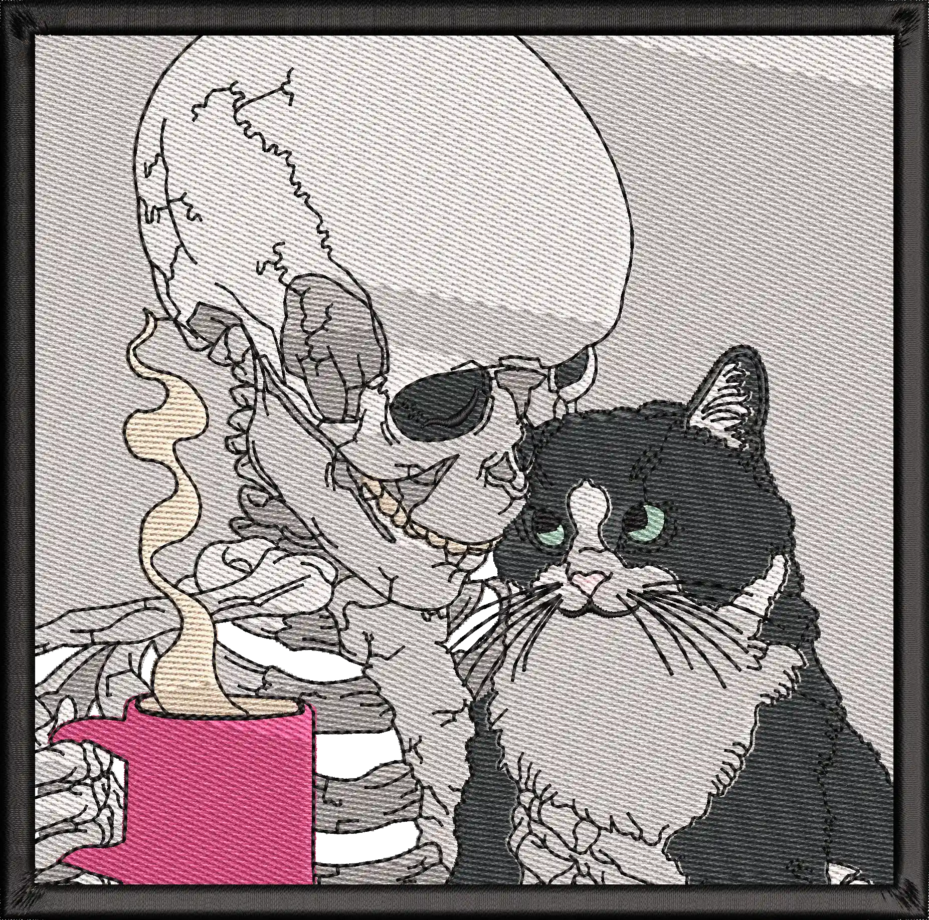  Skeleton with Cat and Coffee Mug  embroidery pattern preview