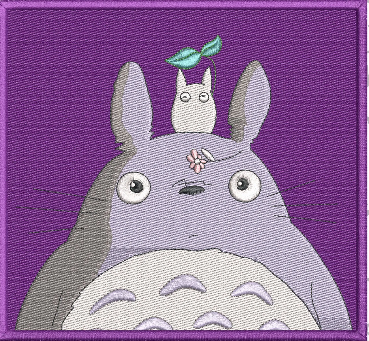  Totoro with Chibi Totoro and Leaf on Purple Patch  embroidery pattern preview