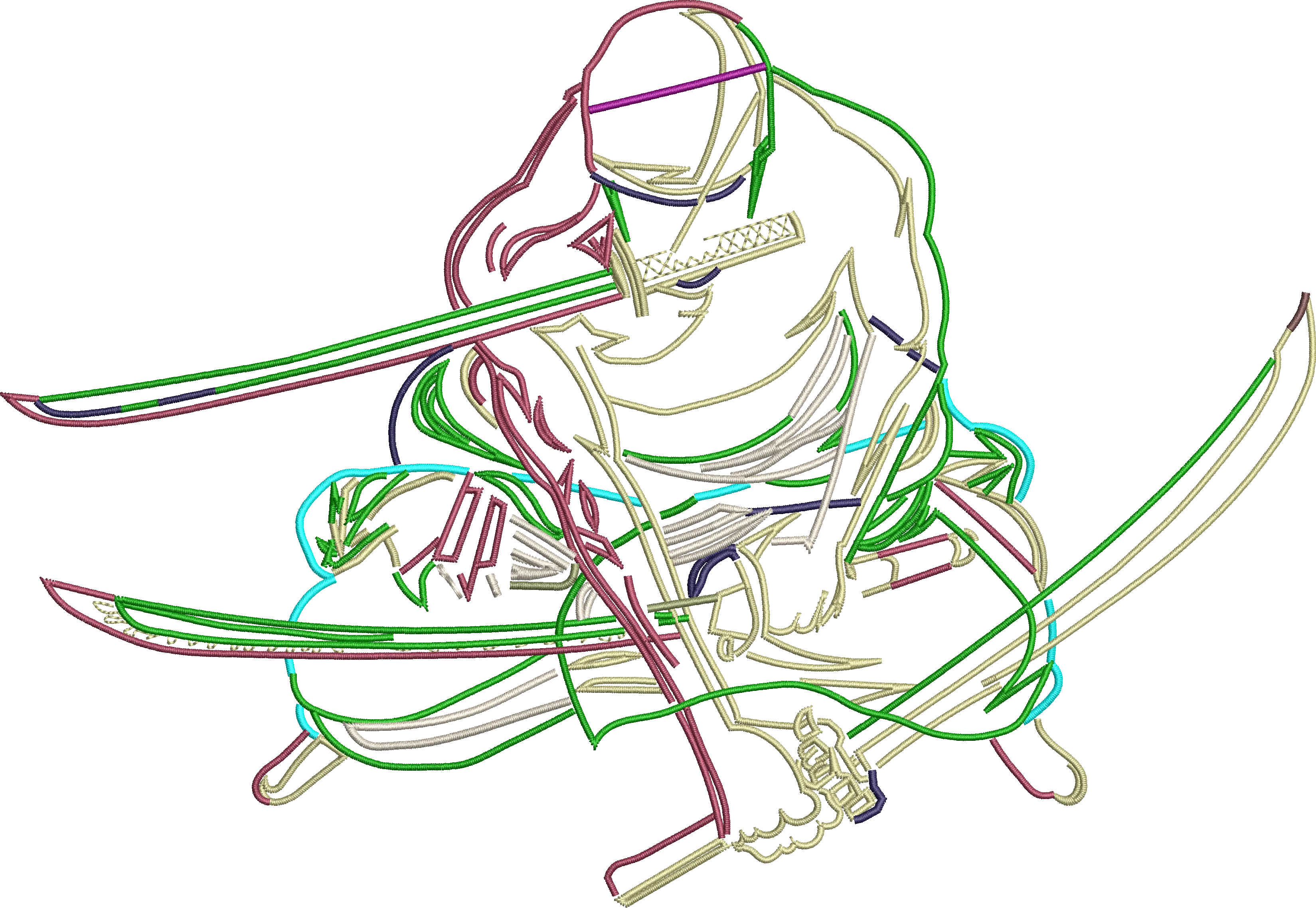  Zoro Neon Outline Three Swords Pose  embroidery pattern preview